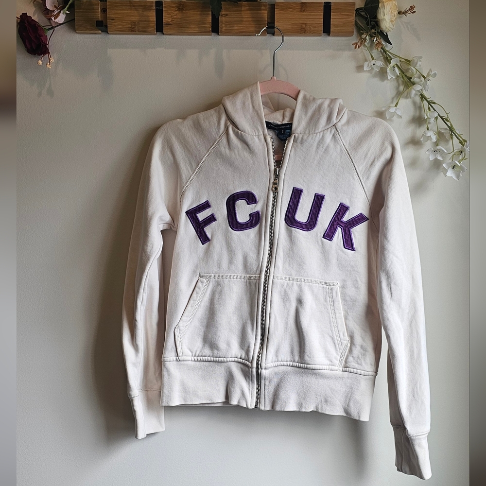 French Connection Cream Zip Hoodie with Silver Zipper Size S